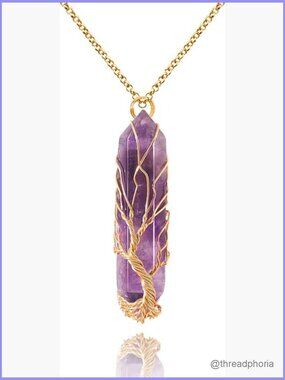 Tree of Life Healing Crystal Point Pendant Necklace Wire Wrapped Amethyst Reiki